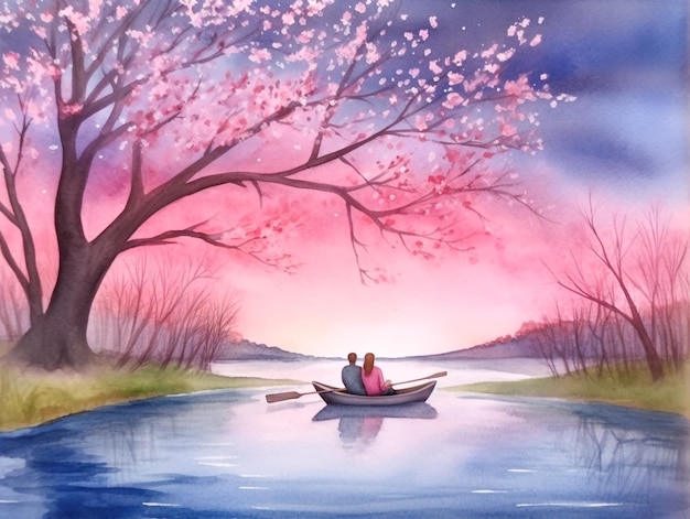 A painting of a couple in a boat on a river with a pink sky