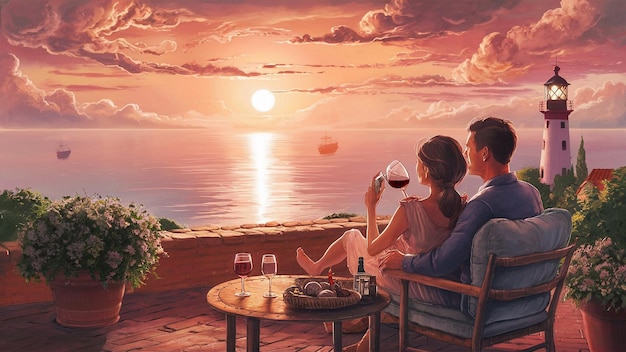 Photo a painting of a couple drinking wine and looking at the sunset