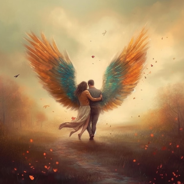 Painting of a couple embracing with an angel wings in the air generative ai