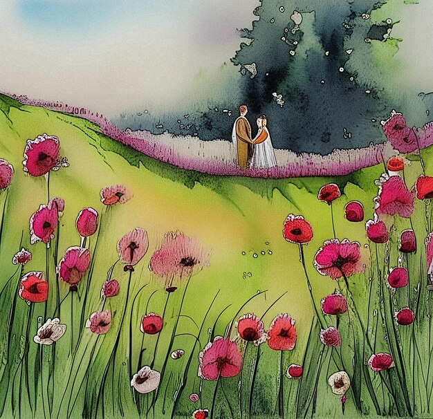 Photo a painting of a couple in a field of flowers with the bride and groom