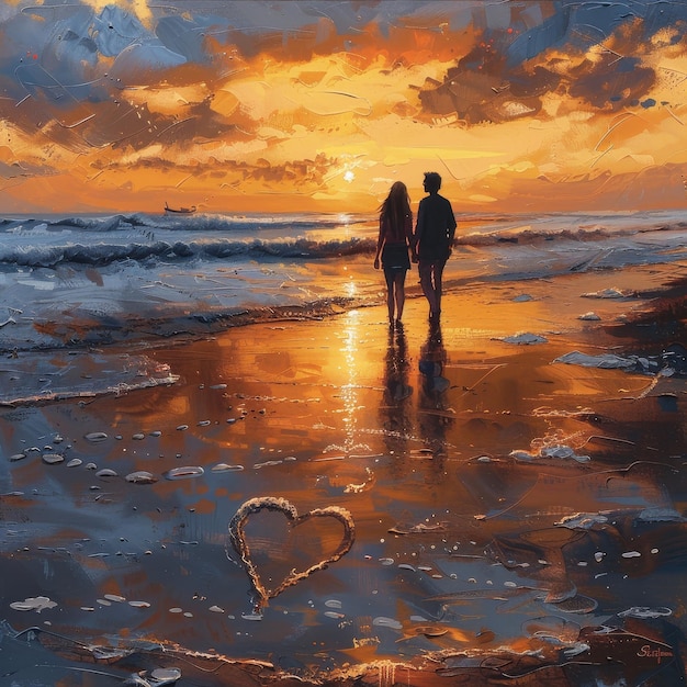 a painting of a couple holding hands and a heart in the sky