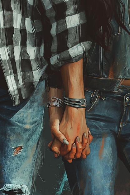 A painting of a couple holding hands and standing next to each other