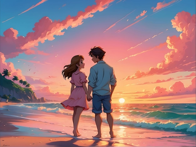 a painting of a couple holding hands and a sunset in the background