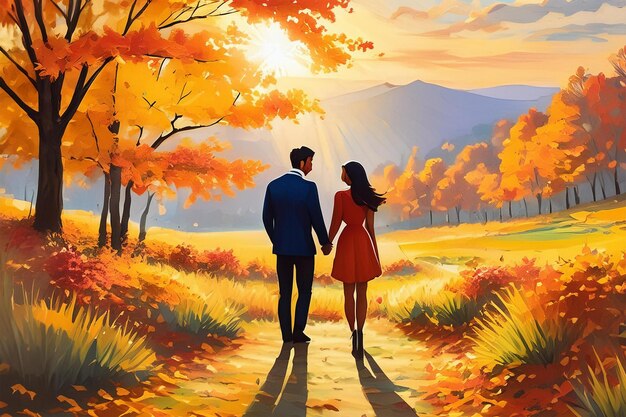 a painting of a couple holding hands and a sunset in the background