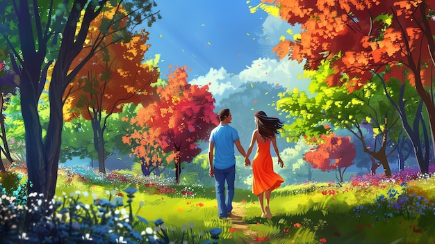 a painting of a couple holding hands and walking in a park