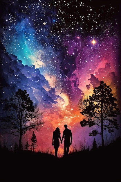 A painting of a couple holding hands with the stars in the background.