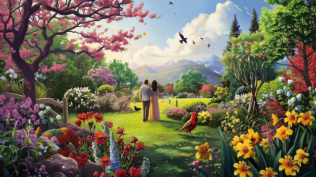 a painting of a couple hugging in a garden with flowers and birds flying in the sky