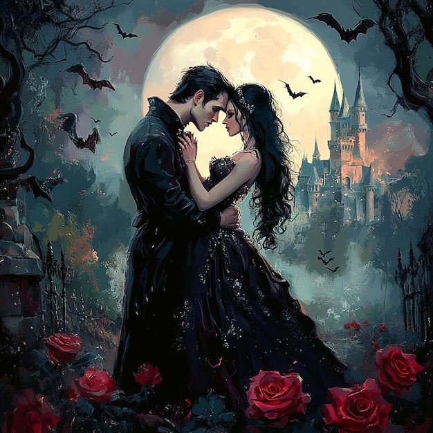 Photo a painting of a couple kissing in a castle with a full moon behind them