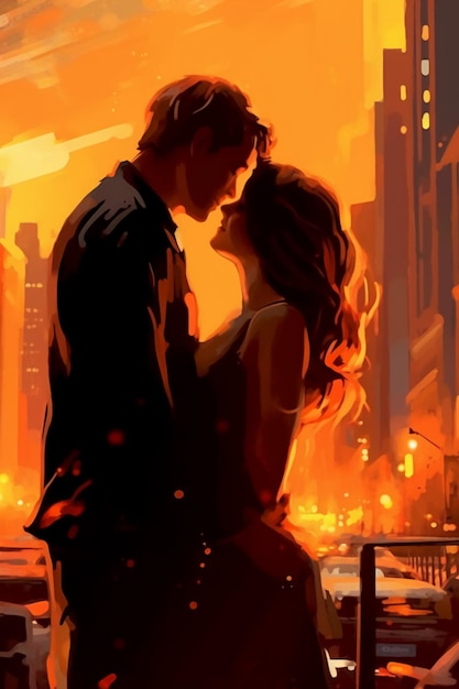 A painting of a couple kissing in the city.