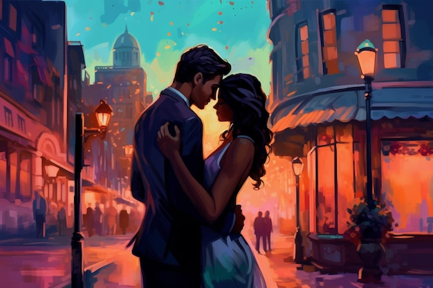 A painting of a couple kissing in a city