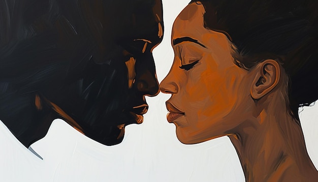 Painting of a couple kissing each other in front of a white background