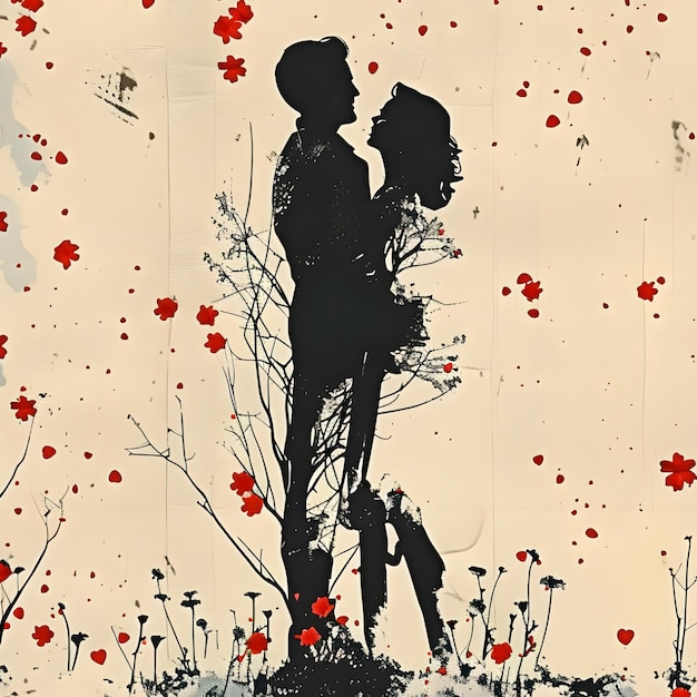 a painting of a couple kissing in a field with red flowers