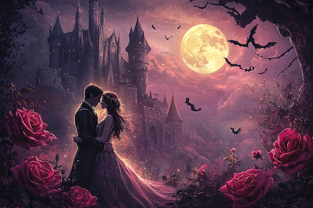 a painting of a couple kissing in front of a castle with a moon in the background