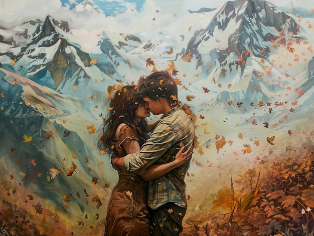 a painting of a couple kissing in front of a mountain