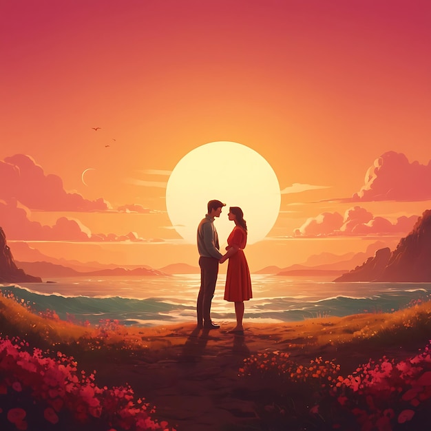 a painting of a couple kissing in front of a sunset