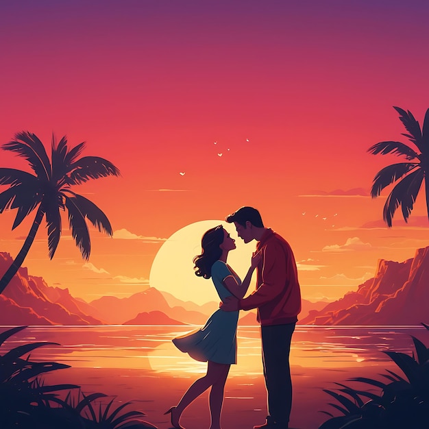 a painting of a couple kissing in front of a sunset