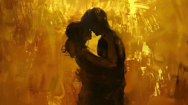 Photo a painting of a couple kissing in front of a yellow background