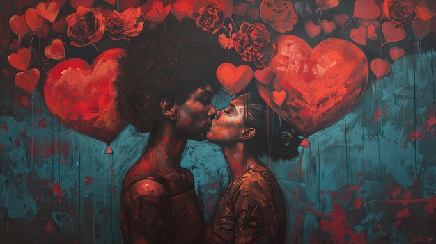 Photo a painting of a couple kissing and a heart with the words  love  on it