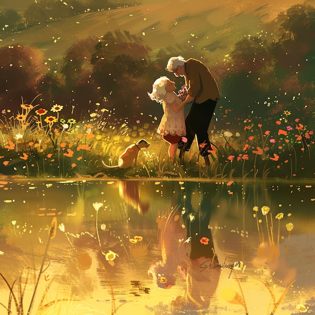 Photo a painting of a couple kissing next to a pond with a man and woman kissing