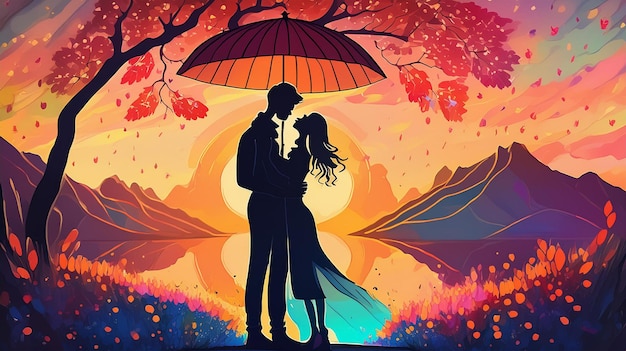 a painting of a couple kissing under an umbrella