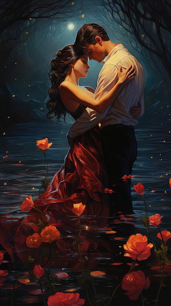 Photo a painting of a couple kissing in the water with flowers and the words  love  on it