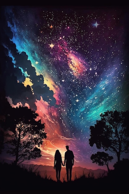 A painting of a couple looking at the stars