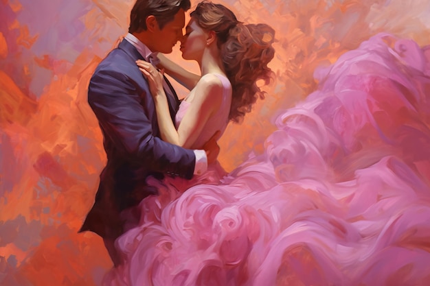 A painting of a couple in love with a pink dress