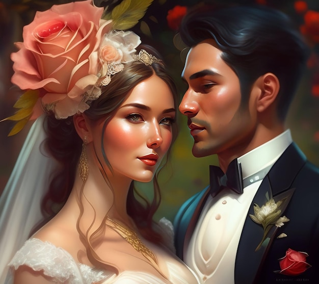 A painting of a couple in love with roses on the background.