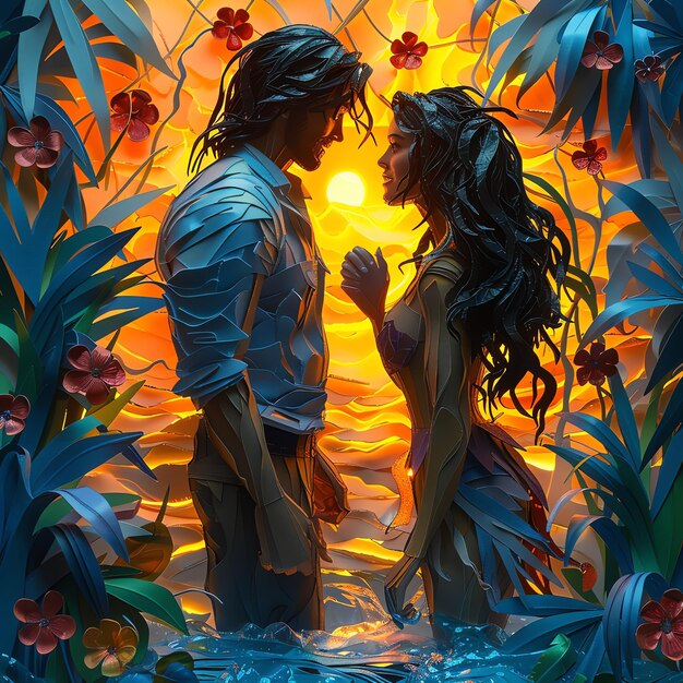 a painting of a couple in love with the sun behind them