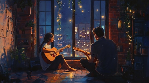 Photo a painting of a couple playing guitar and a cityscape in the background