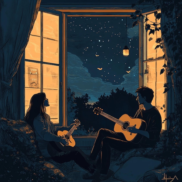 Photo a painting of a couple playing guitar and a tree with a sunset in the background