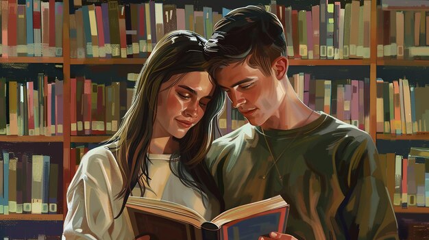 Photo a painting of a couple reading a book with the word  on it