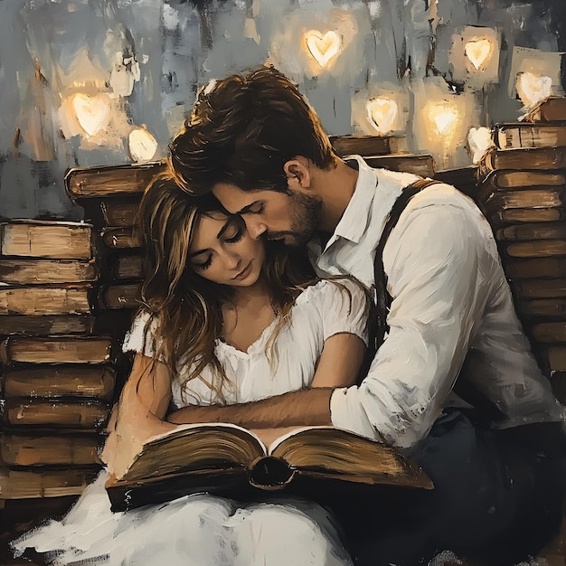 Photo a painting of a couple reading a book with the words quot love quot on it