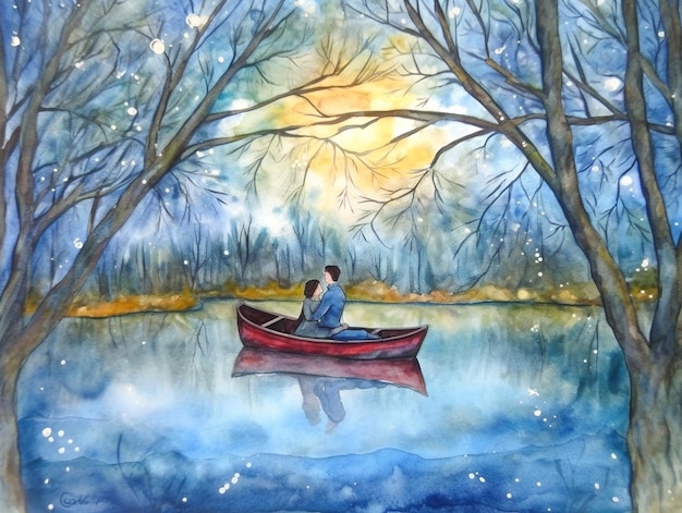 A painting of a couple in a red canoe on a lake