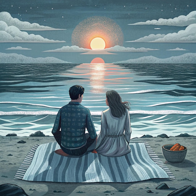 Photo a painting of a couple sitting on a beach with the sun setting behind them