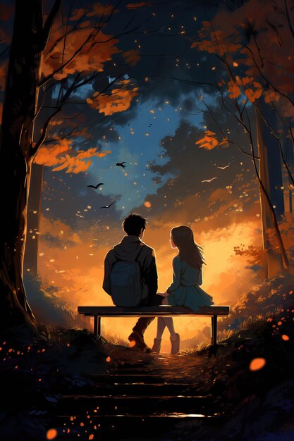 a painting of a couple sitting on a bench in the woods in the style of digital art glowing colors