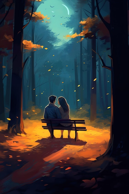 a painting of a couple sitting on a bench in the woods in the style of digital art glowing colors