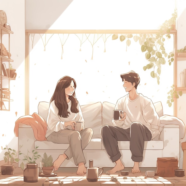 A painting of a couple sitting on a couch and a coffee cup.