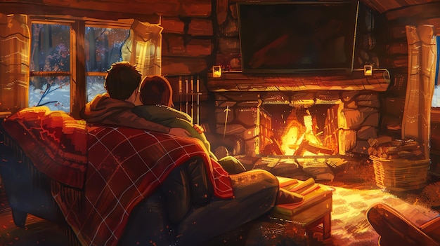 a painting of a couple sitting in front of a fireplace with a fireplace in the background