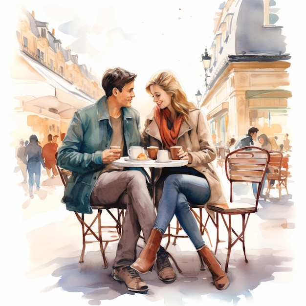 painting of a couple sitting at a table in a cafe generative ai