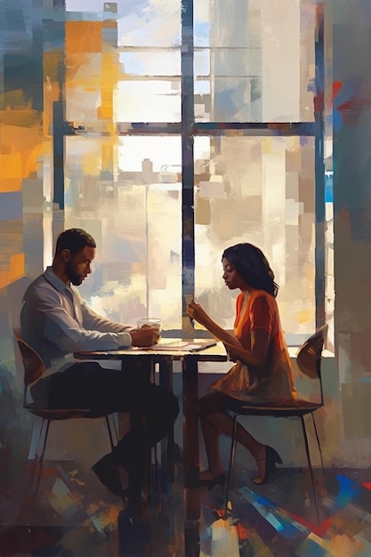 A painting of a couple sitting at a table, with a window in the background.