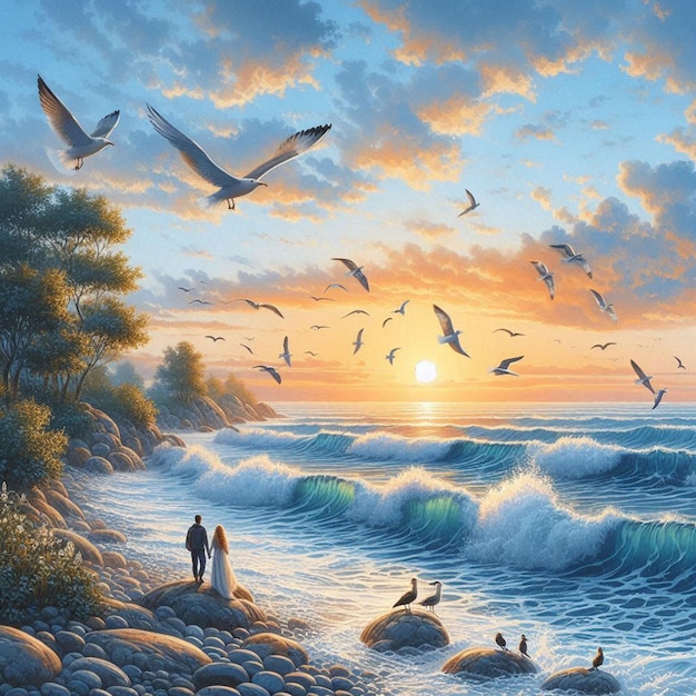 a painting of a couple standing on a rock with birds flying above them