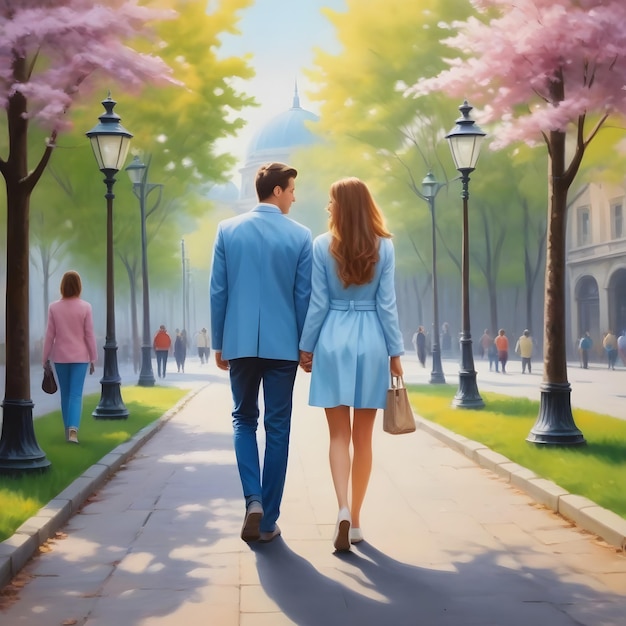 a painting of a couple walking down a street man and woman