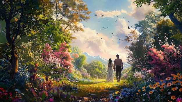 a painting of a couple walking in a park with mountains in the background