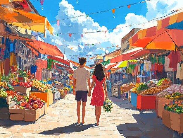 Photo a painting of a couple walking through an outdoor market with a man and woman holding hands