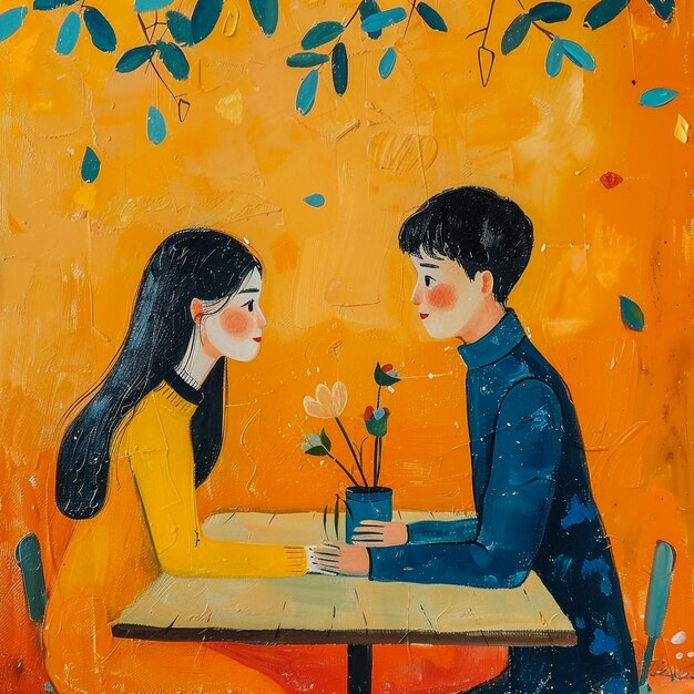 Photo a painting of a couple with flowers in a vase