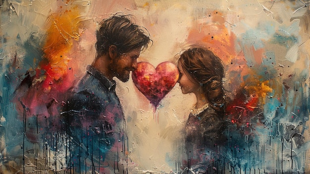 a painting of a couple with a heart in the background