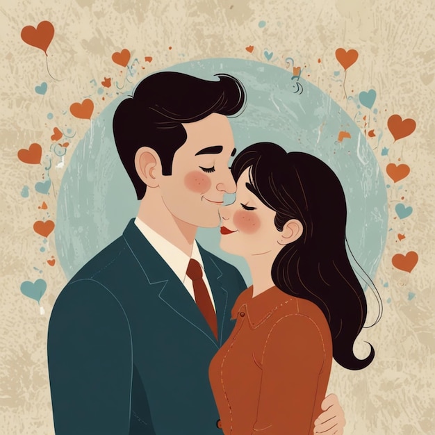 Painting of a couple with little heart whimsical illustration style illustration background