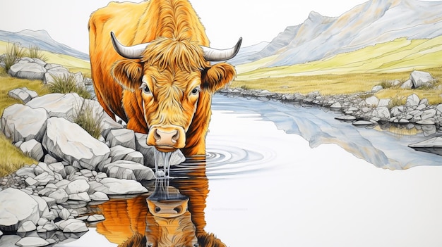 Painting of a cow drinking water from a stream in a rocky landscape generative ai