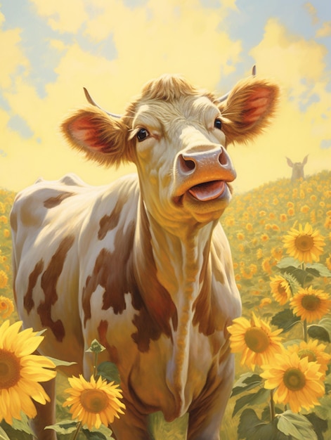 A painting of a cow in a field of sunflowers